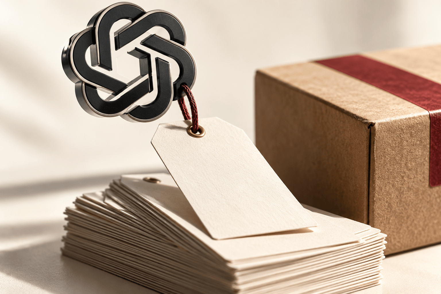 A black OpenAI knot lifts a blank product tag beside a parcel and stacked papers on a cream tabletop