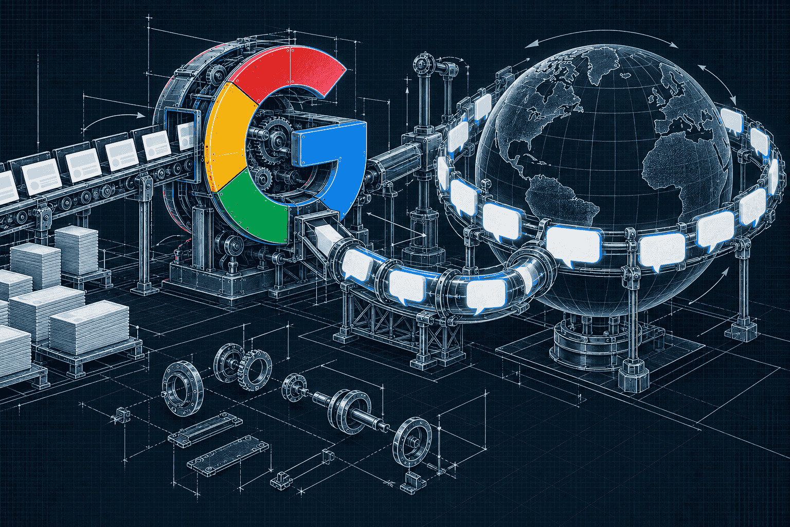 Google's multicolor G routes blank ad cards into conversation bubbles circling a globe in a dark blueprint illustration